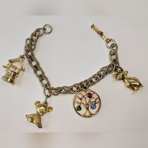 VTG GOLD TONE & RHINESTONES CHARM BRACELET